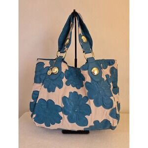 Big Buddha Tote Bag – Beige & Teal Hibiscus Floral Design Motif